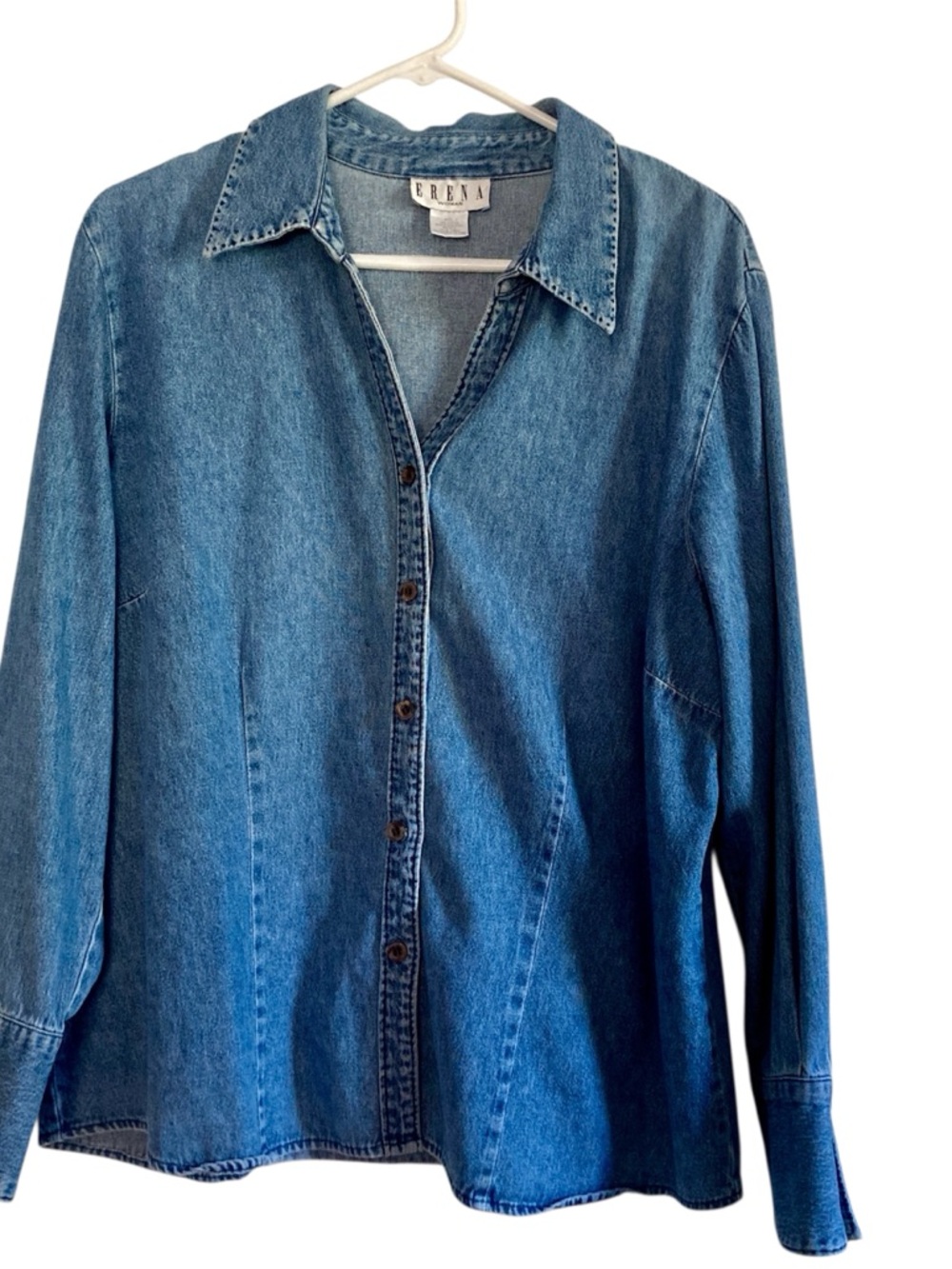 Erena Woman Denim Button Down Shirt 1X Blue Chambray Long Sleeve Cotton